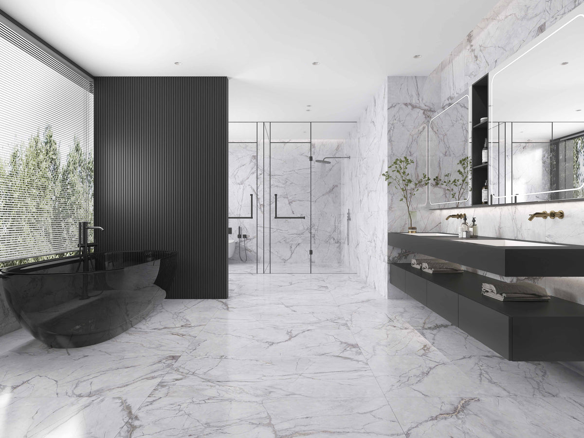 Elite Marble Invisible Grigio Porcelain Tiles in a room setting