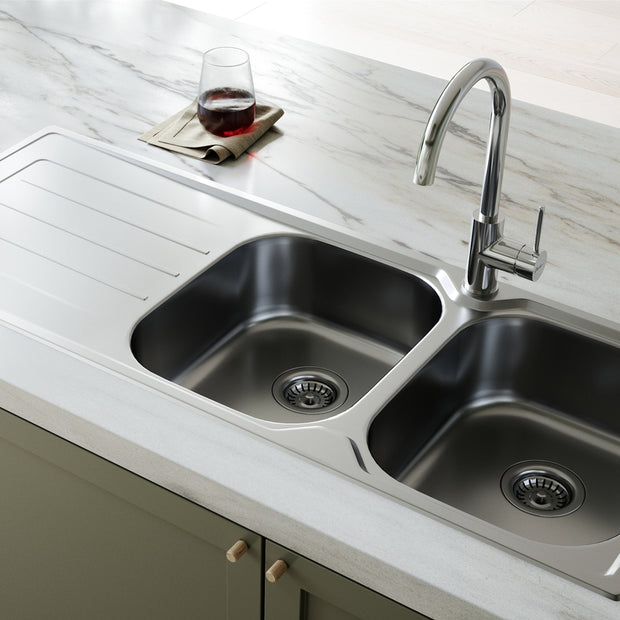 Flinders Double Bowl Topmount Sink With Drainer in a styled room