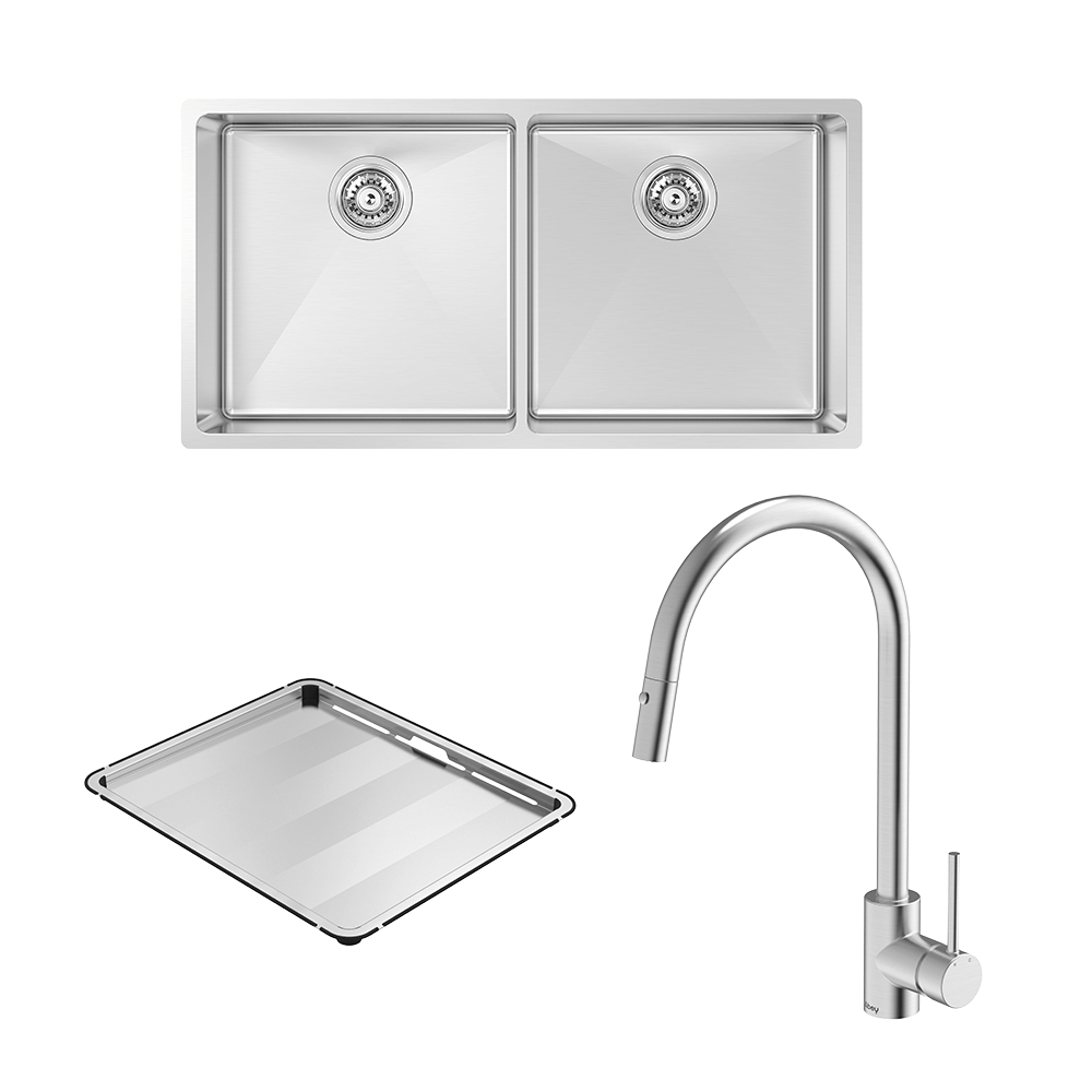 Alfresco 400 Double Bowl Sink with Drain Tray and KTA037-316-BR Kitchen Mixer