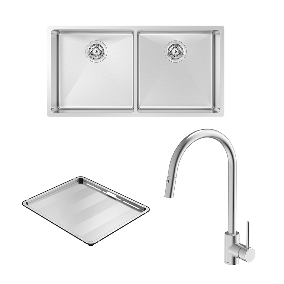 Alfresco 400 Double Bowl Sink with Drain Tray and KTA037-316-BR Kitchen Mixer