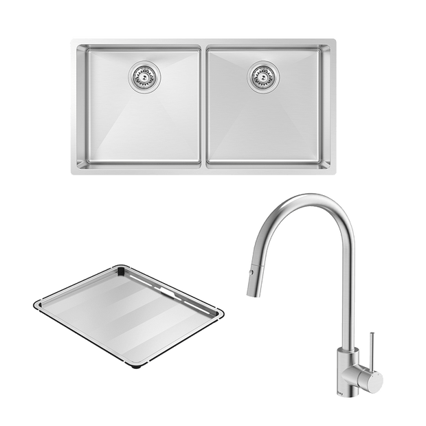 Alfresco 400 Double Bowl Sink with Drain Tray and KTA037-316-BR Kitchen Mixer