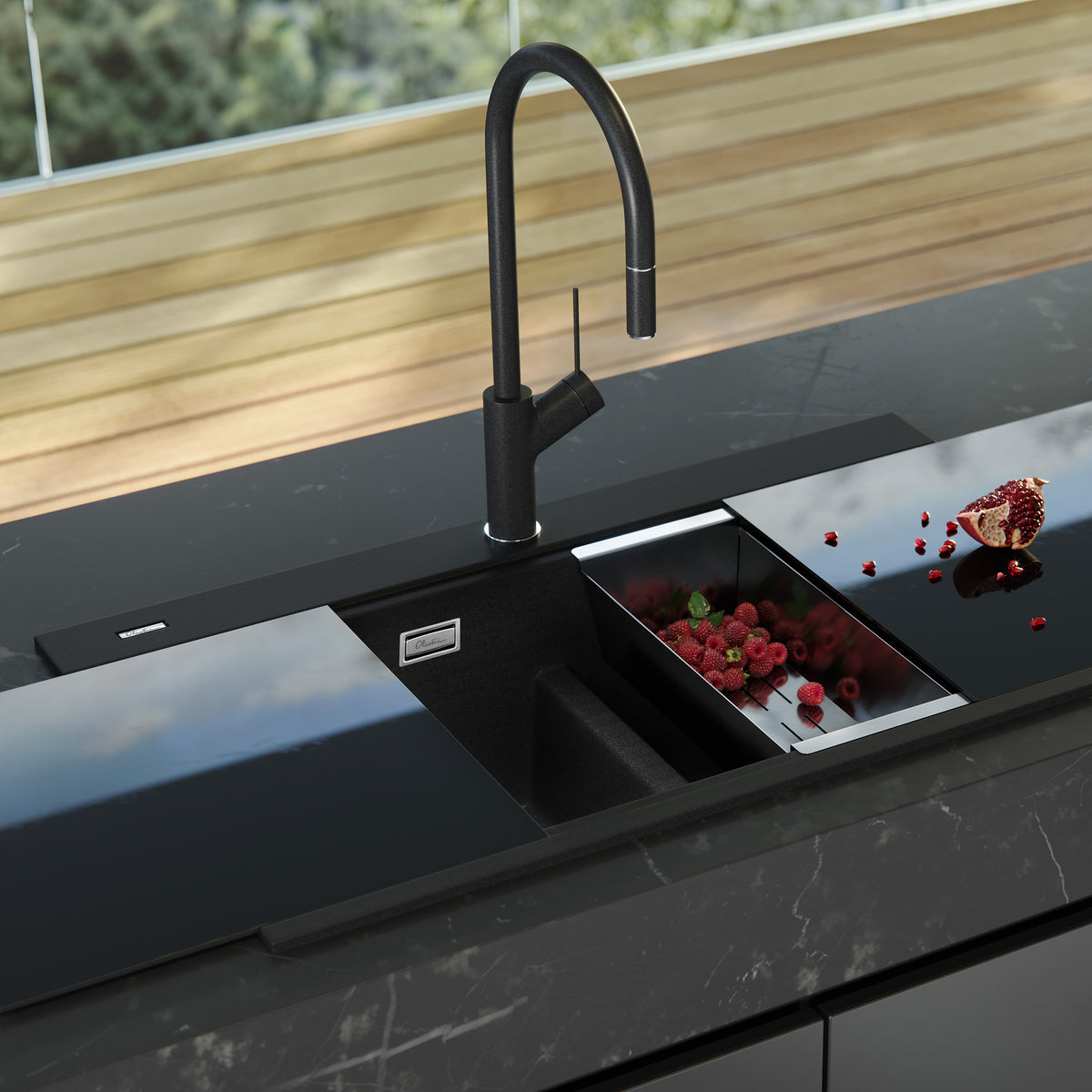 Santorini Black Double Bowl Topmount Sink With Glass Top in a styled room
