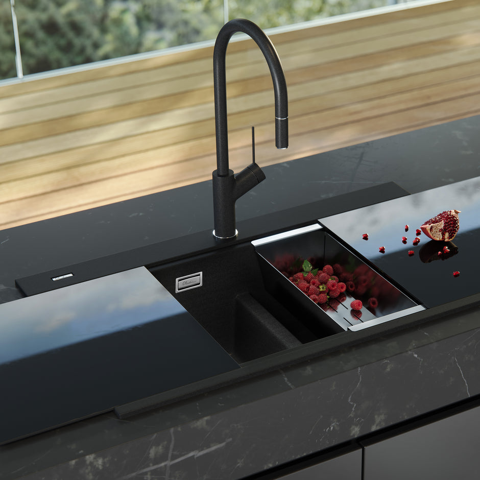 Santorini Black Double Bowl Topmount Sink With Glass Top in a styled room