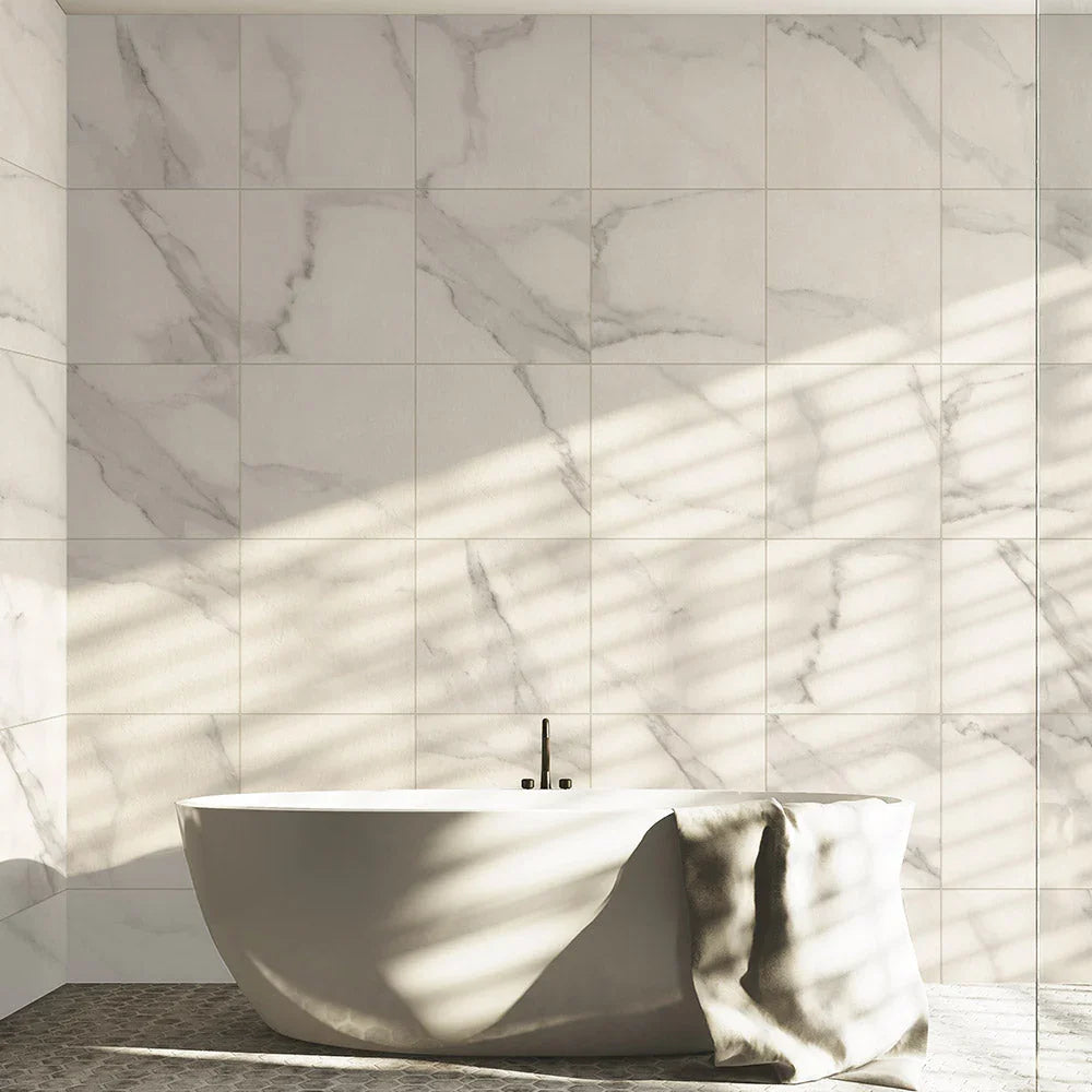 Grande Carrara Marble Look Porcelain Tiles in a room setting