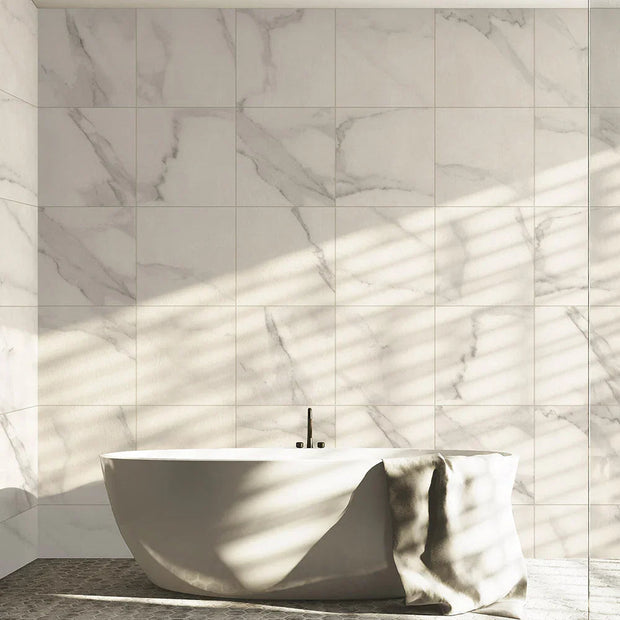 Grande Carrara Marble Look Porcelain Tiles in a room setting