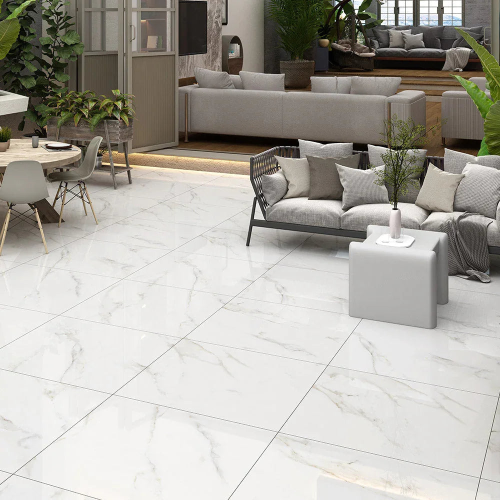Grey Vein Gold Marble Look Porcelain Tiles in a room setting
