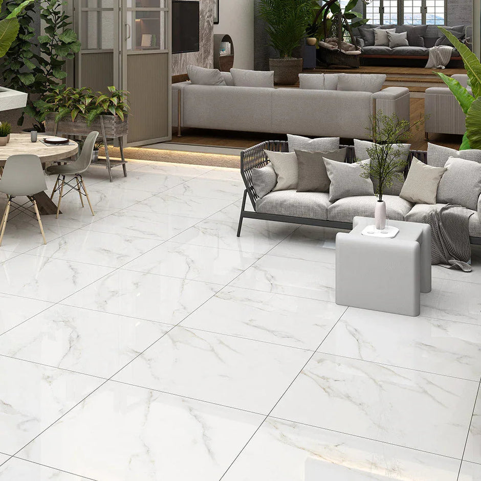 Grey Vein Gold Marble Look Porcelain Tiles in a room setting