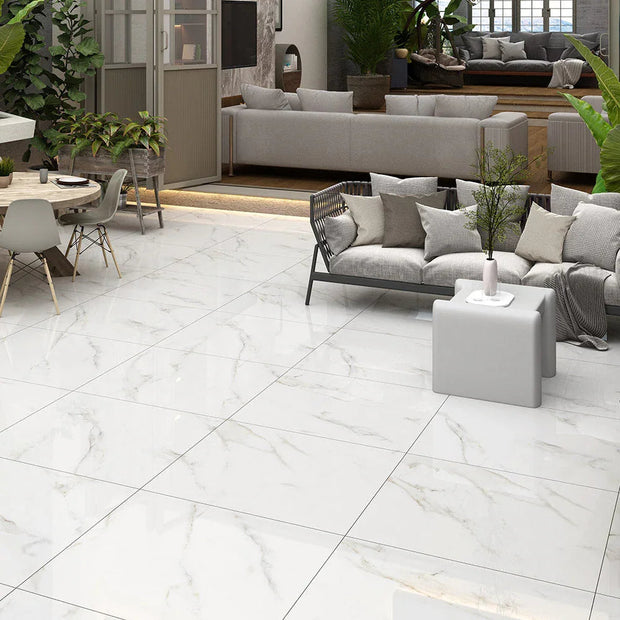 Grey Vein Gold Marble Look Porcelain Tiles in a room setting