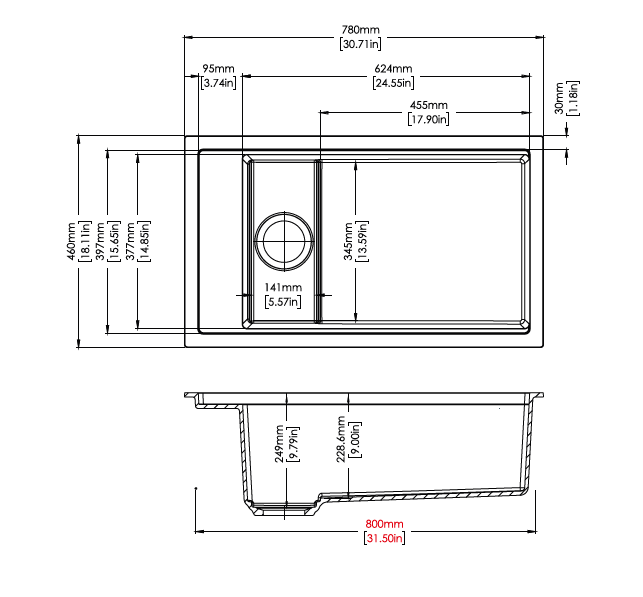 Navona Carysil Harmony 780 Single Bowl Granite Sink 780 x 460 x 249mm technical drawing