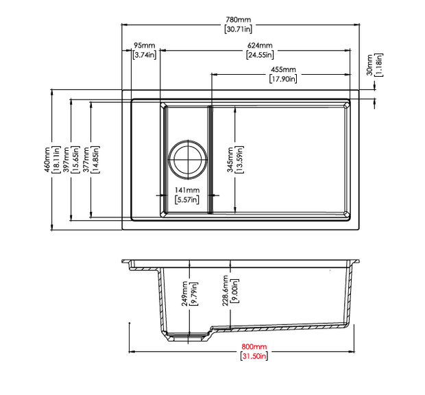 Navona Carysil Harmony 780 Single Bowl Granite Sink 780 x 460 x 249mm technical drawing