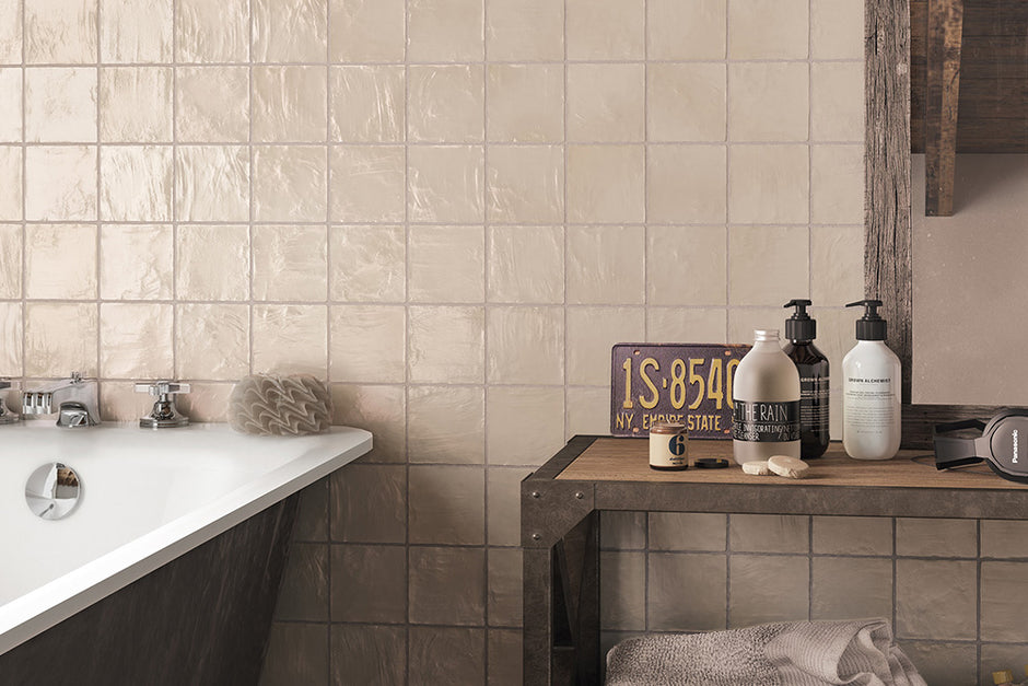 Iris Ivory Pearlescent Wall Tiles in a room setting