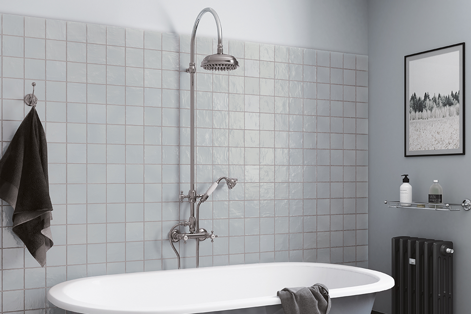 Iris Silver Pearlescent Wall Tiles in a room setting
