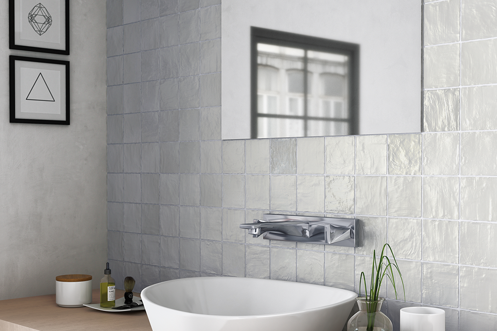 Iris Silver Pearlescent Wall Tiles in a room setting