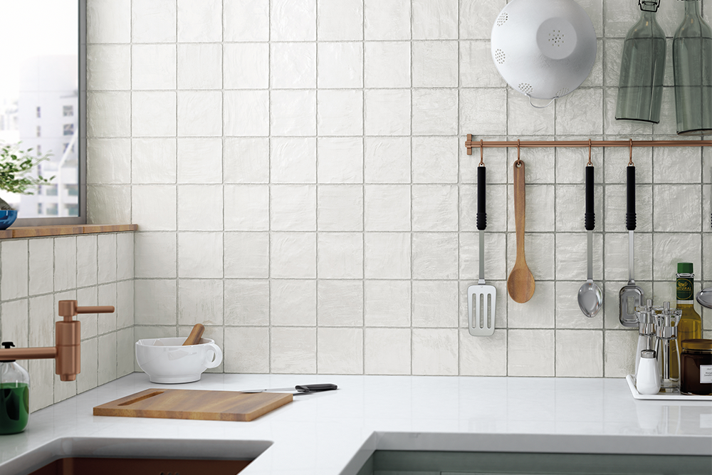 Iris White Pearlescent Wall Tiles in a room setting