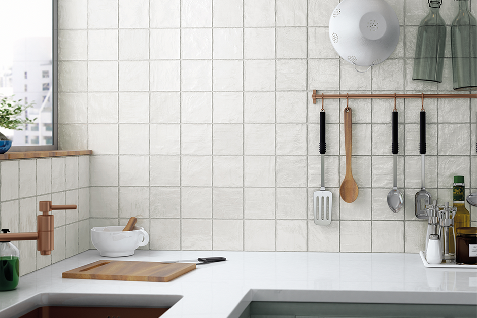 Iris White Pearlescent Wall Tiles in a room setting