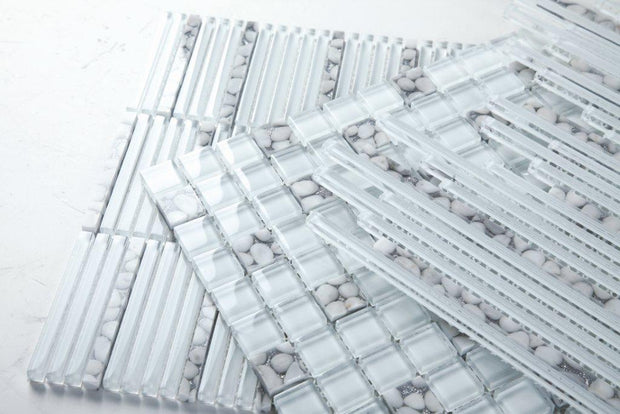 Jewelstone Carrara Silver + es58 Glass and Stone Mosaic in a room setting