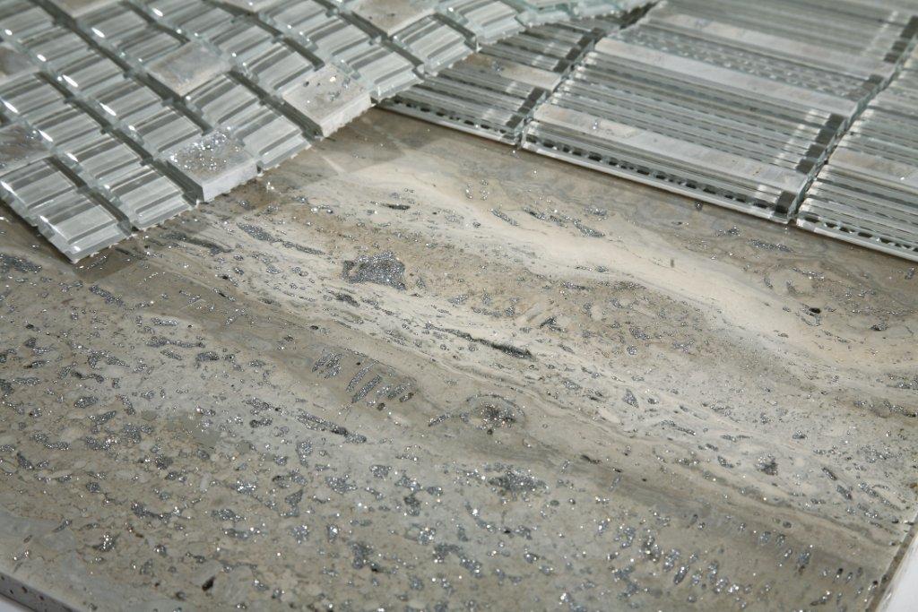Jewelstone Travertinegalaxy + es56 Glass and Stone Mosaic in a room setting