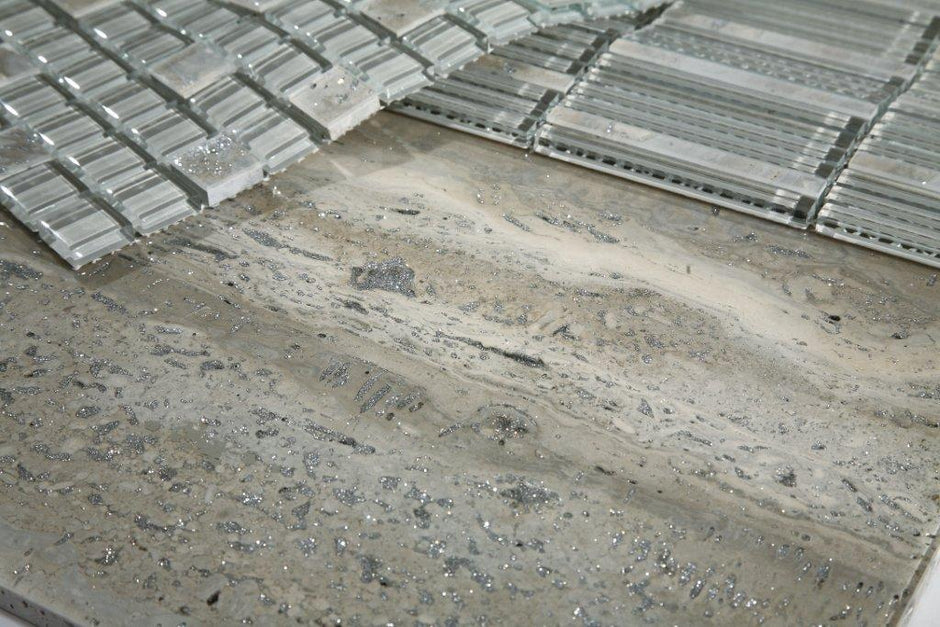 Jewelstone Travertinegalaxy + es56 Glass and Stone Mosaic in a room setting