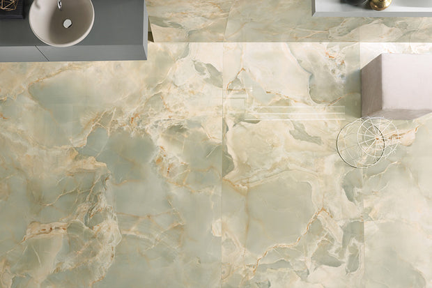 Onice Reale Jade Onyx Look Porcelain Tiles in a room setting