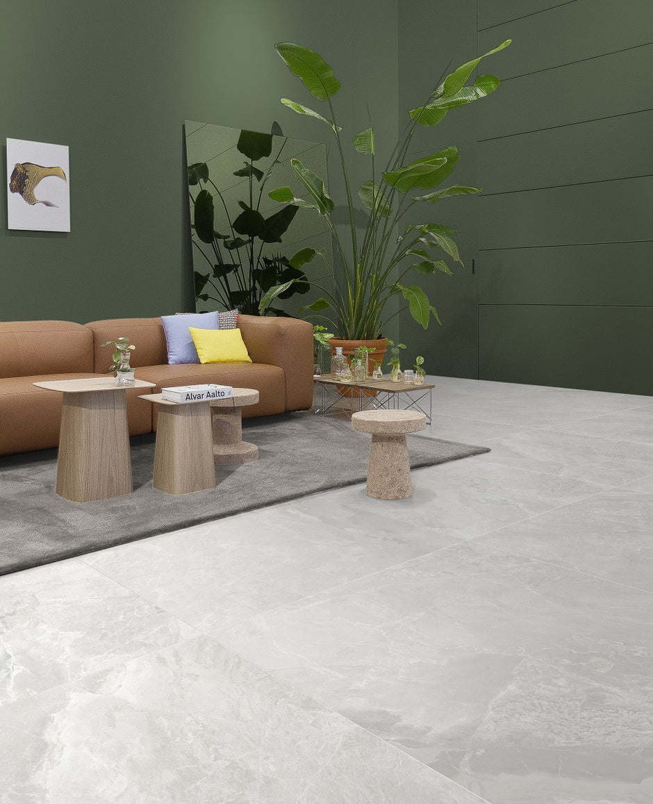 Joyce Bianco Porcelain Tiles in a room setting