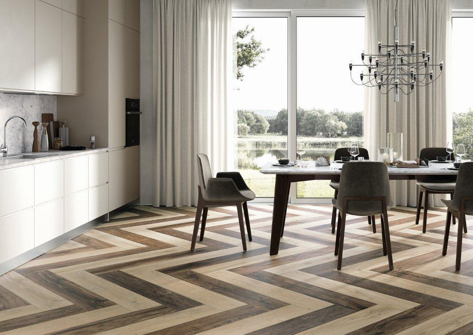 Cerreto Amarone Timber Look Porcelain Tiles in a room setting