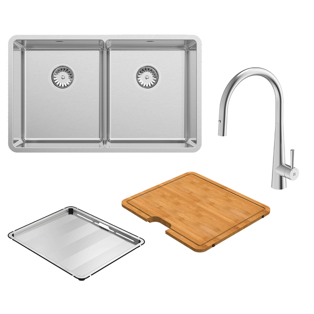 Lucia Double Bowl with KTA014-BR Kitchen Mixer, Drain Tray and Cutting Board