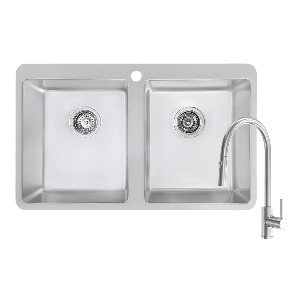 Abey Builders Double Bowl 1TH Sink and Pull Out Kitchen Mixer