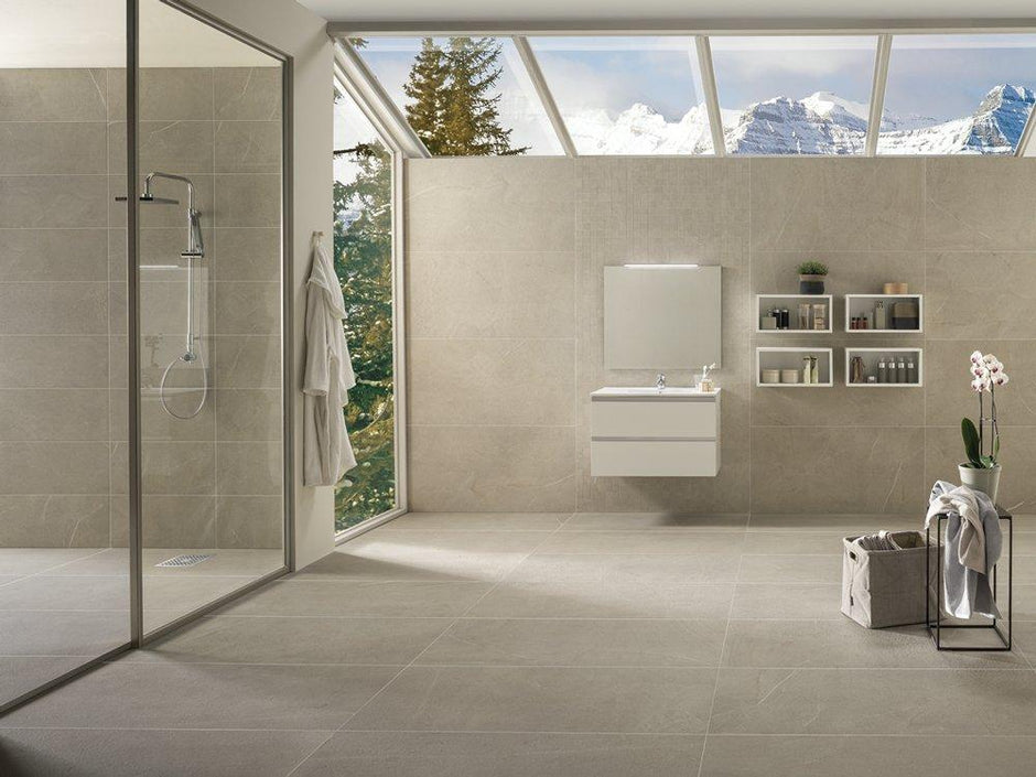 Dolomiti Sabbia Marble Look Porcelain Tiles in a room setting