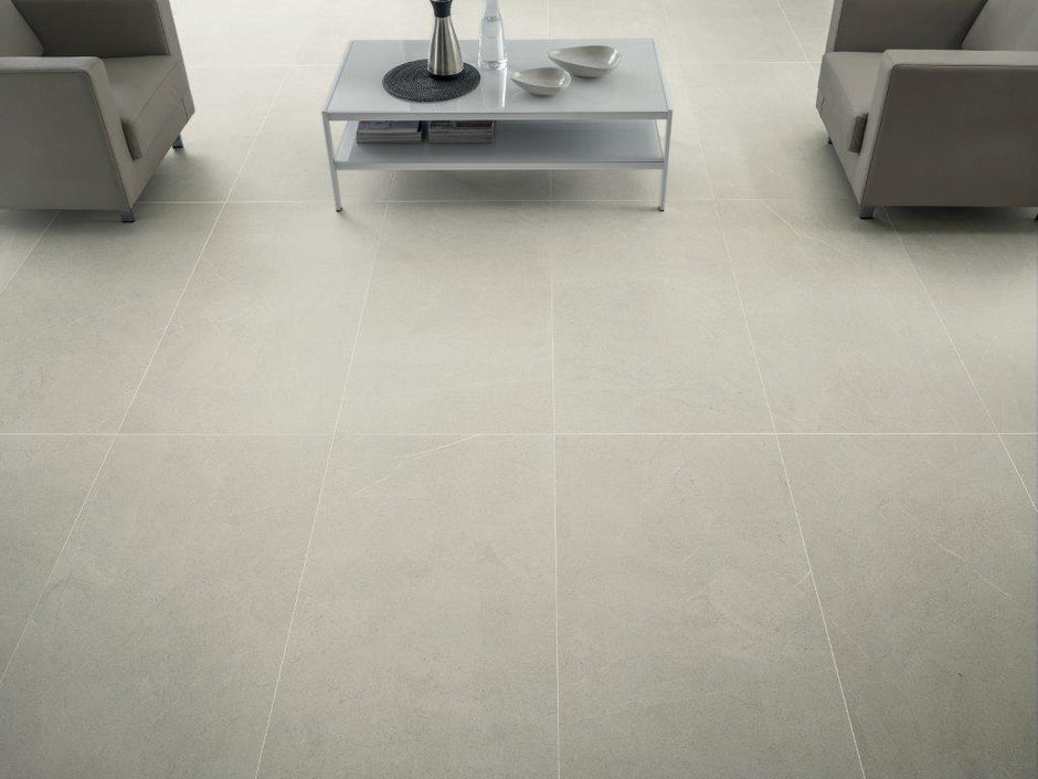 Dolomiti Calcite Marble Look Porcelain Tiles in a room setting