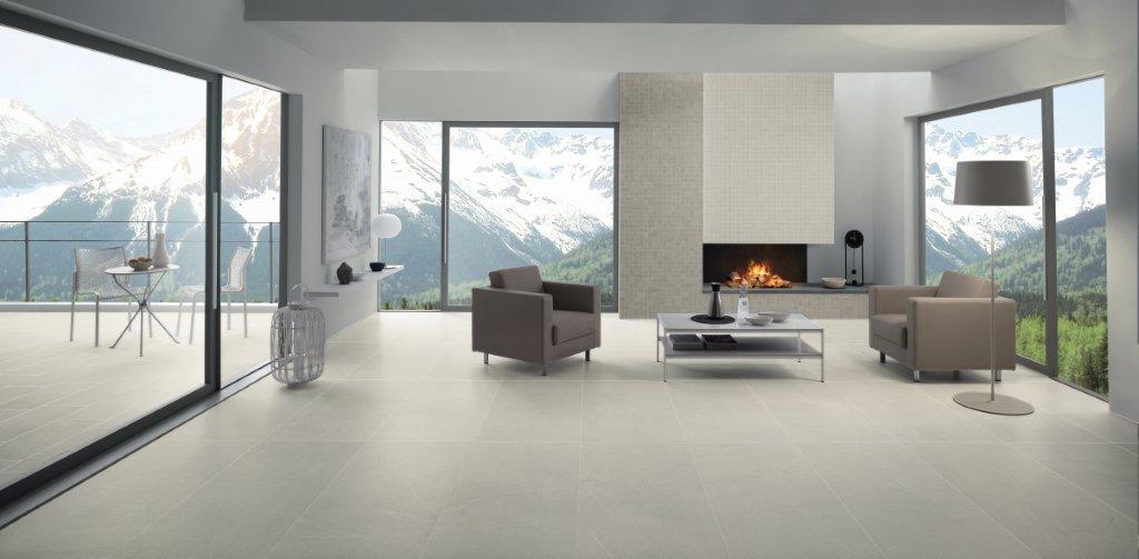 Dolomiti Calcite Marble Look Porcelain Tiles in a room setting