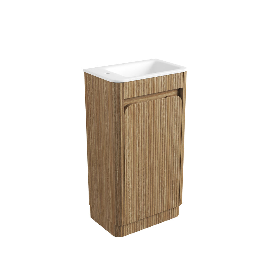 Aulic Mini Hartelle Fluted Floor Standing Harvest Oak Cabinet space saver vanity