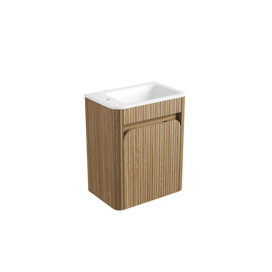 Aulic Mini Hartelle Fluted Wall Hung Harvest Oak Cabinet space saver vanity