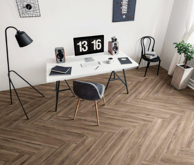 Mywood Ciliegio Timber Look Porcelain Tiles in a room setting