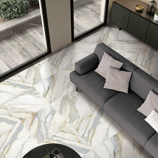 Golden Age Macchia Vecchia Marble Look Porcelain Tiles in a room setting