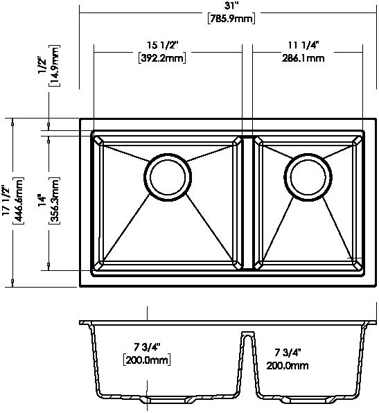 Navona Carysil Maple 6040 Double Bowl Granite Sink 786 x 446 x 200mm technical drawing