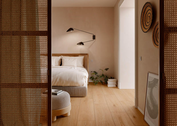 Oltre Caramel Timber Look Porcelain Tiles in a room setting