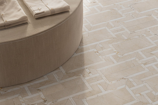 Marfil Art Decor Tile Thera Marble Look Porcelain Tiles in a room setting