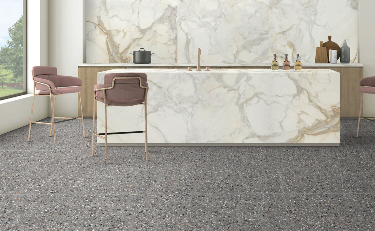 Medley Anthracite Terrazzo Look Porcelain Tiles in a room setting