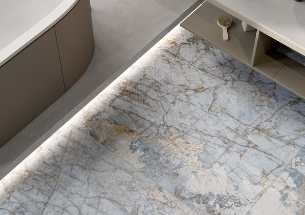 Meteorite Ocean Stone Look Porcelain Tiles in a room setting