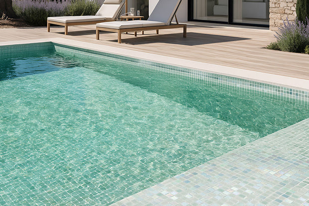 Shimmer Mint Pool Glass Mosaic in a room setting
