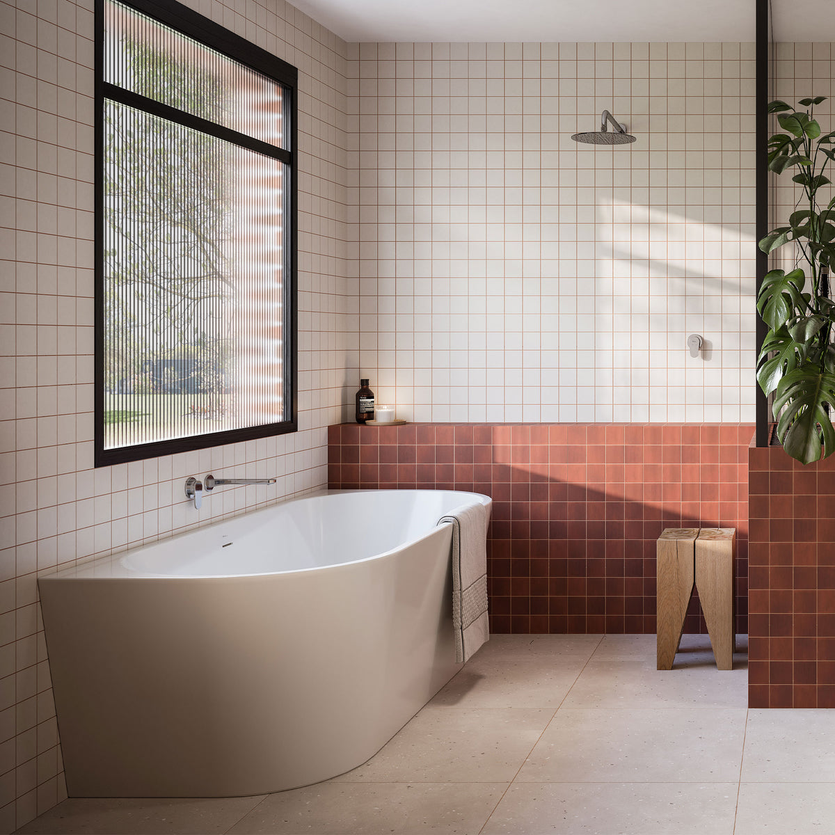 Naples Back To Wall Bath With Overflow 1700mm in a styled room