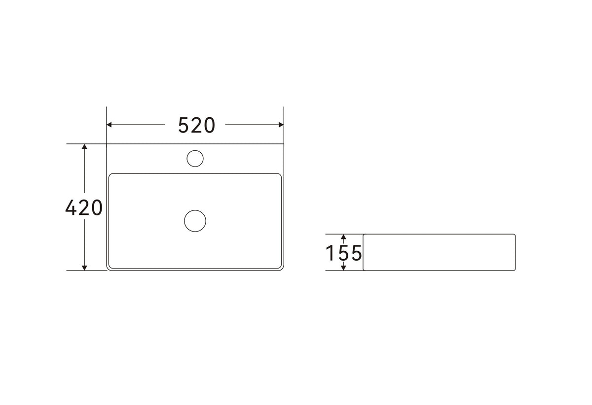 Navona Rectangle Above Counter Ceramic Basin 520 x 420 x 155mm technical drawing
