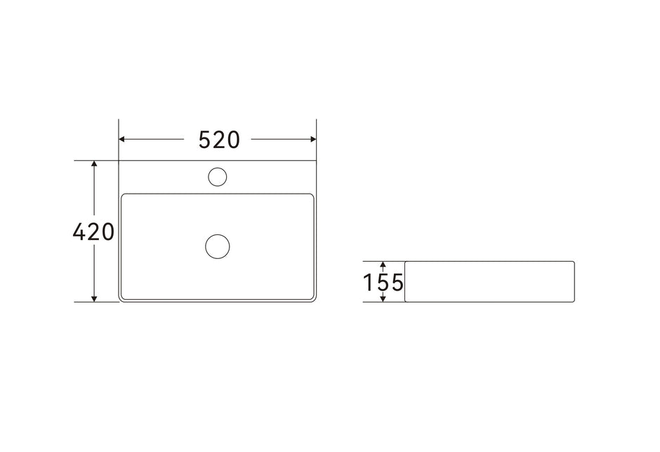 Navona Rectangle Above Counter Ceramic Basin 520 x 420 x 155mm technical drawing