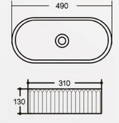 Navona Oval Fluted Above Counter Ceramic Basin 490 x 310 x 130mm technical drawing