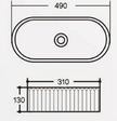 Navona Oval Fluted Above Counter Ceramic Basin 490 x 310 x 130mm technical drawing