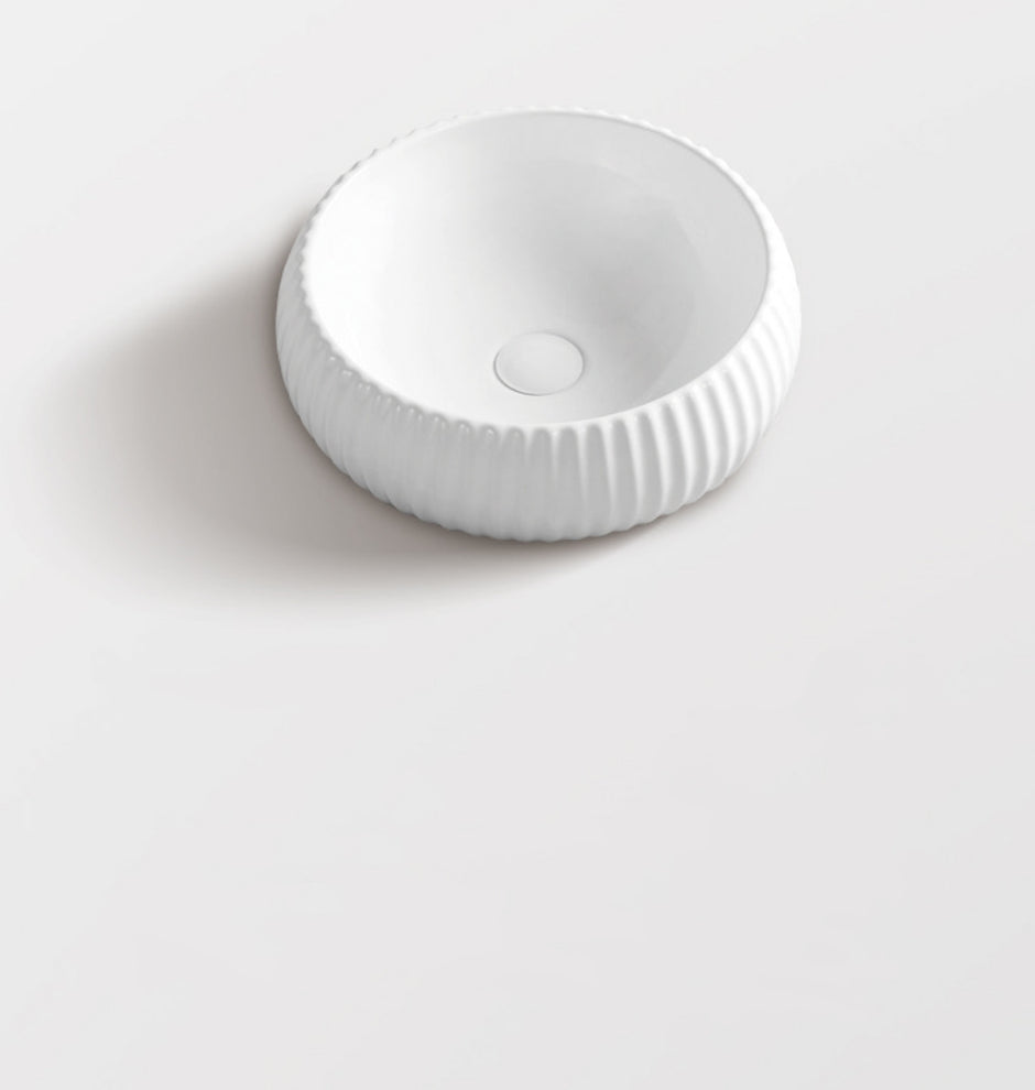 Navona Round Fluted Above Counter Ceramic Basin 420 x 420 x 140mm Gloss White