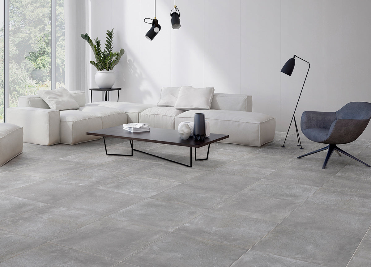 Nordic Grey Stone Porcelain Tiles in a room setting