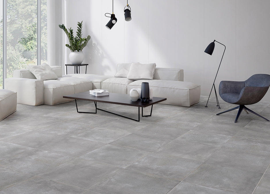 Nordic Grey Stone Porcelain Tiles in a room setting