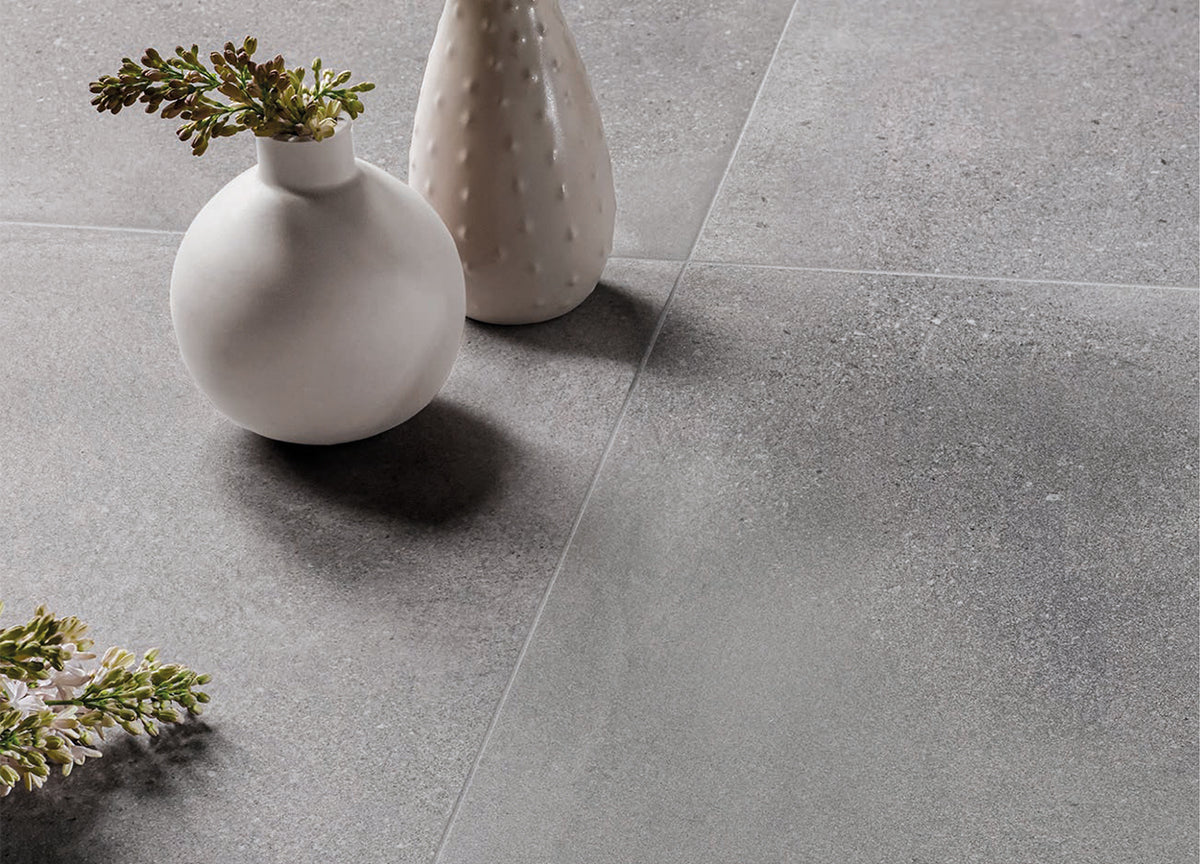 Nordic Grey Stone Porcelain Tiles in a room setting