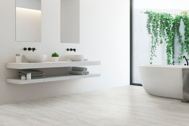 Nuance White Timber Look Porcelain Tiles in a room setting